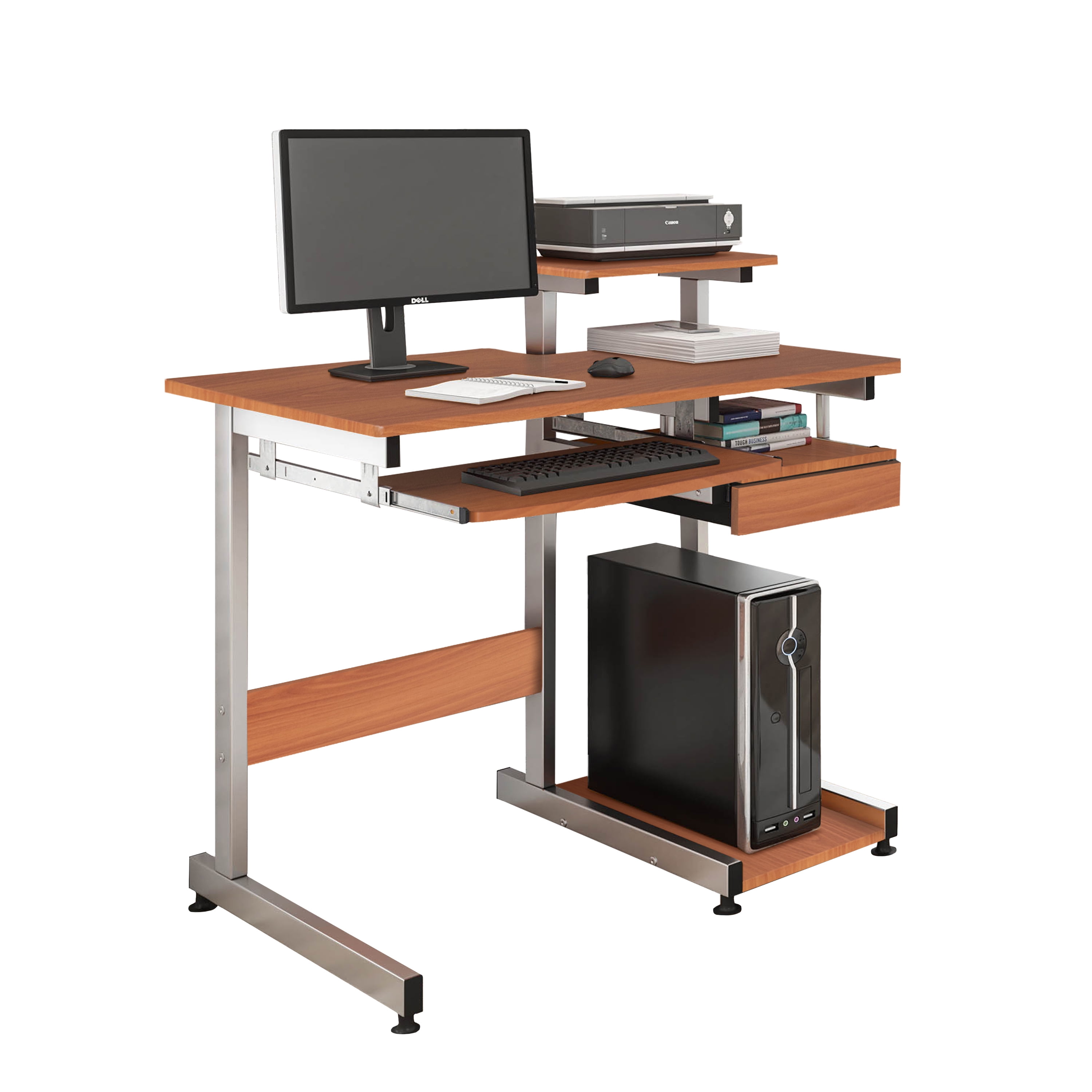 Woodgrain Complete Computer Workstation Desk, Moisture Resistant MDF Writing Table with Pullout Keyboard Tray, CPU Shelf & Storage Drawer, Scratch-Proof Steel Frame for Home Office