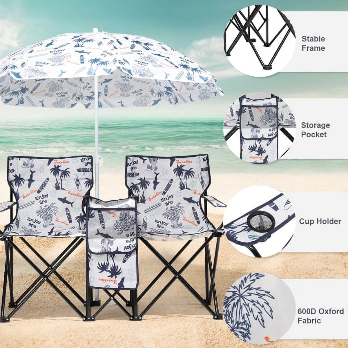 Alvantor 2-Seat Folding Chair with Removable Umbrella for Beach, Camping and Fishing