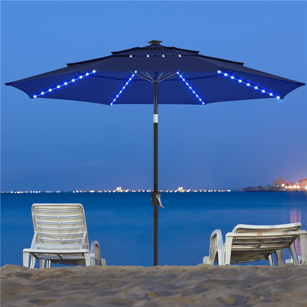 Renwick 10 Ft Outdoor Patio Parasol with Color-Changing LED Strip, Navy Blue