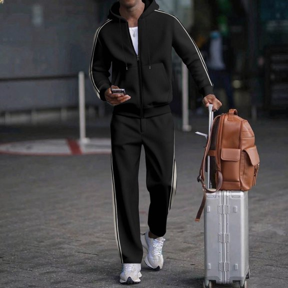 Donemore Men's Waffle-Knit Hooded Sweatshirt & Elastic Waist Jogger Pants Set with Drawstring, Solid Color Casual Loungewear Two-Piece Outfit