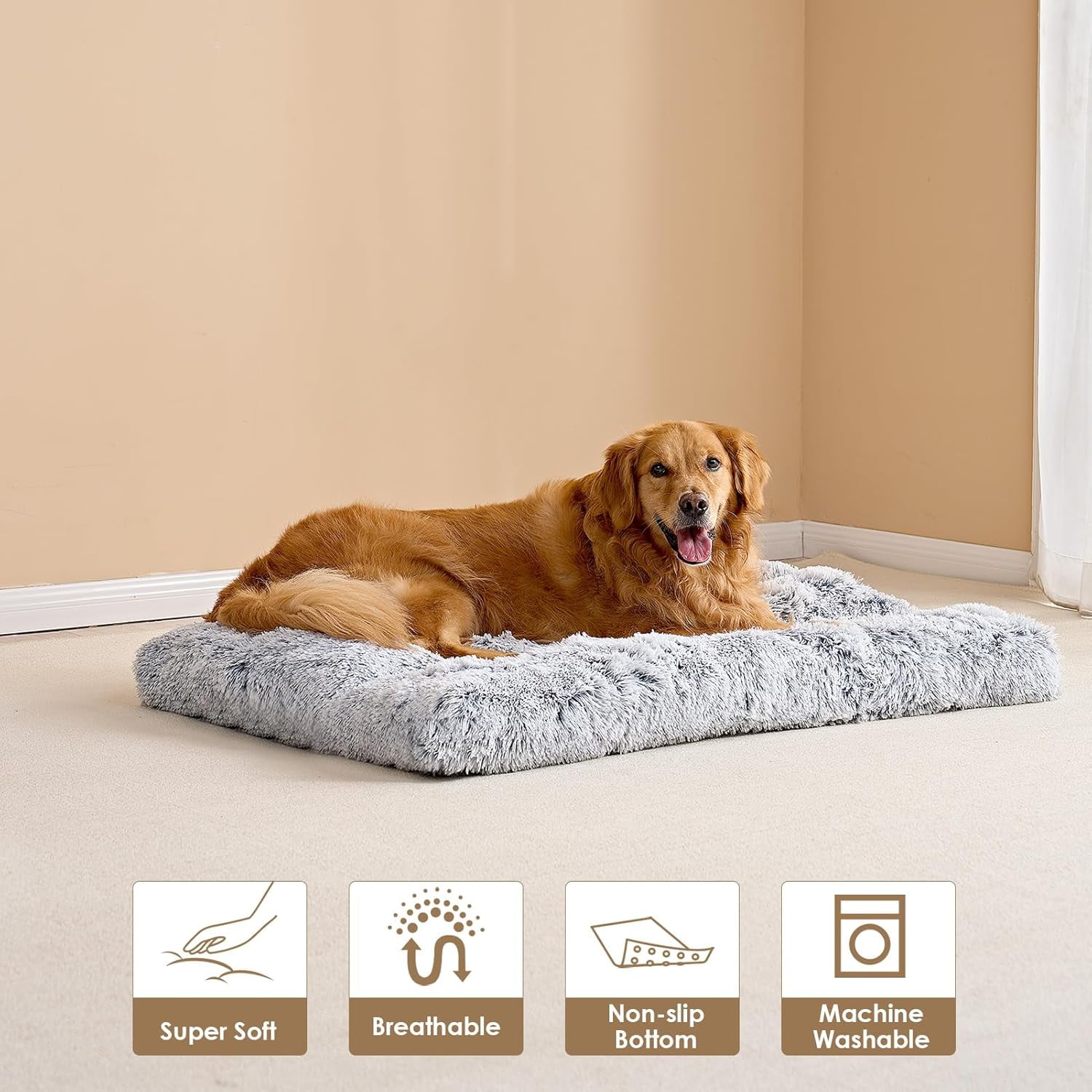 Fluffy Dog Crate Bed for Extra Large Dogs, Plush Faux Fur Pad, Calming Anti Anxiety XL Bed for Crate, Washable Soft Warm Dog Mat with Non-Slip Bottom, Grey