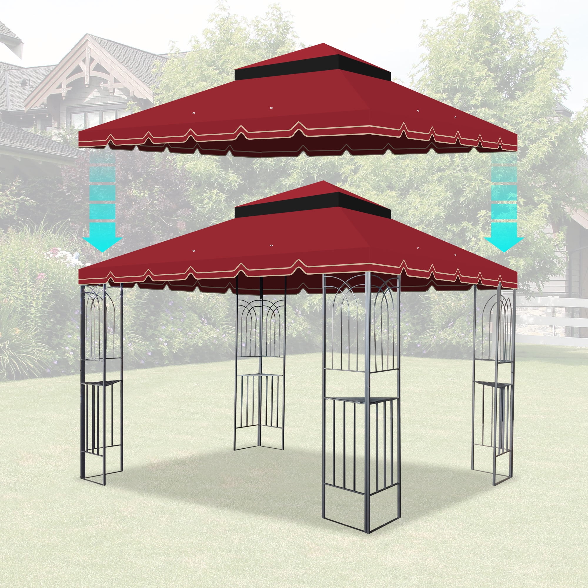 10x10 Ft Outdoor Patio Gazebo Replacement Canopy,Double Tiered Gazebo Tent Roof Top Cover for Outdoor Garden Patio,Red