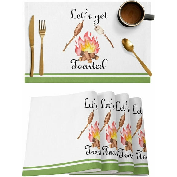Barbecue Camping Placemats Set of 4,Washable Woven Burlap Cloth Fabric Placemat for Square/Rectangle/Round/Oval Dining Table,Easy Clean Place Mats for Kids Spring Summer Sausage Candy Watercolor
