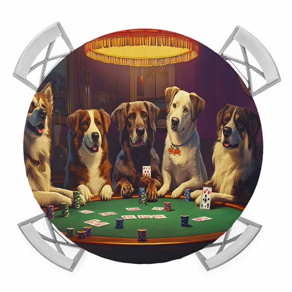 Dog Poker Elastic Fitted Round Table Cover Vintage Funny Animal Waterproof Outdoor Tablecloth for Holiday Party, Picnic, Patio & Dining Fits Tables Up to 45"-54"