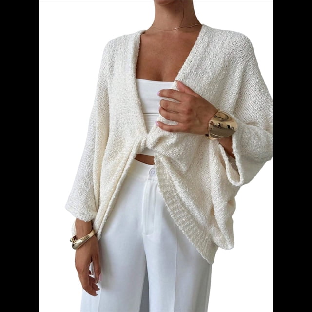 Suéter de Crochet Corto con Frontal para Mujer, Cuello en V Asimétrico, Suéter de Punto con de Murciélago de Gran Tamaño M