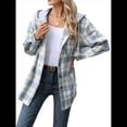 thumbnail image 2 of Chaqueta de Larga con Capucha A Cuadros para Mujer, Camisa Informal de Otoño con Botones y Cordón, y Bolsillos. Azul S, 2 of 10