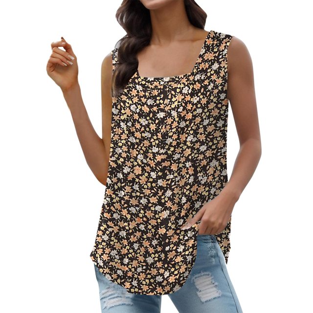 Gibobby Camiseta sin mangas con cuello cuadrado para mujer, informal, sin mangas, con dobladillo curvo plisado(Amarillo,M)