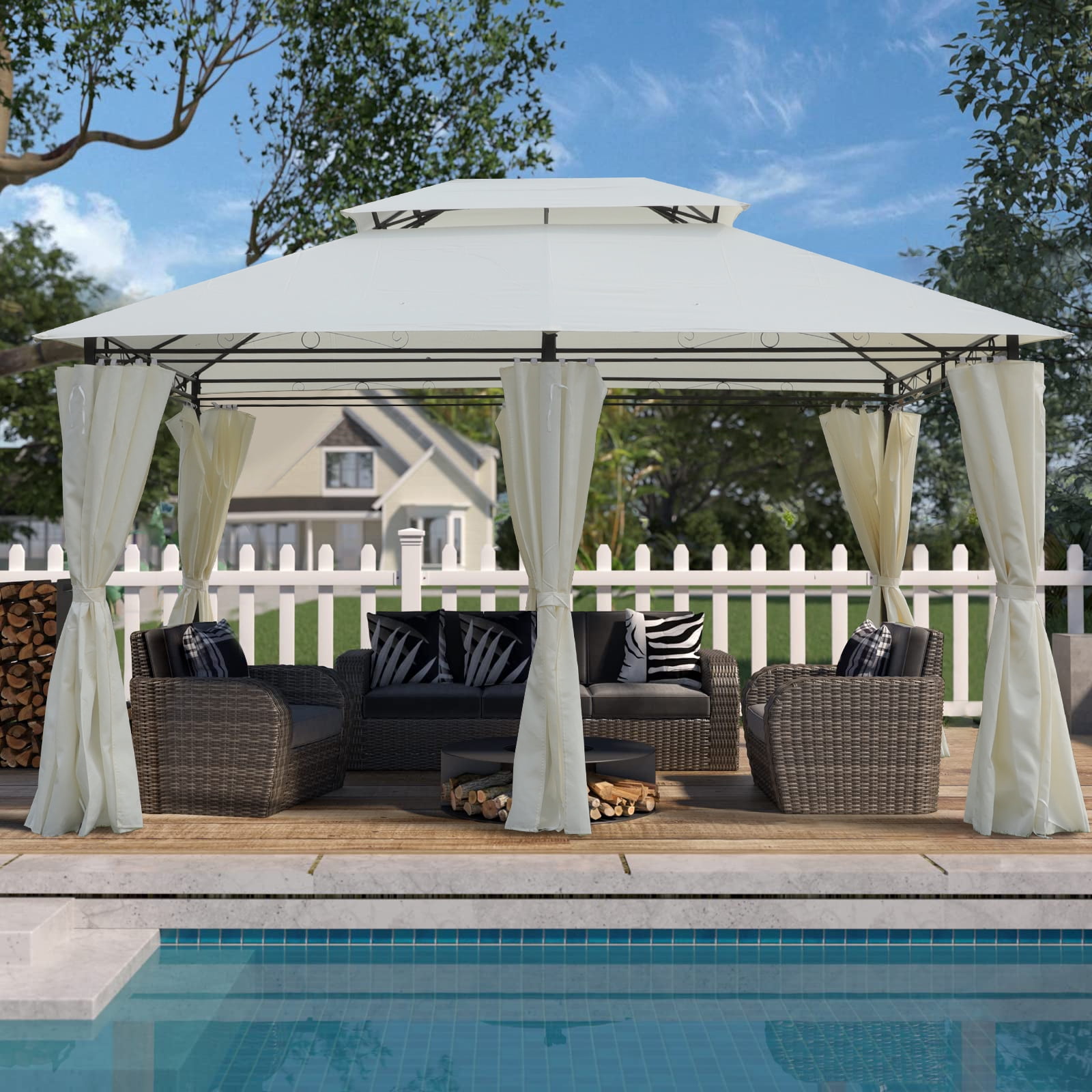 Outdoor Gazebo, 13x10 FT Ventilated Double Roof Shelter for Lawn Garden Backyard, Grey