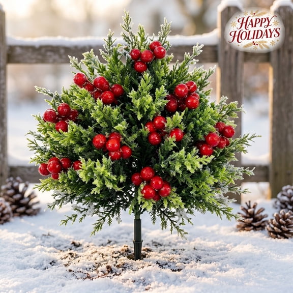 Artificial Christmas Greenery Ground Stake Decoration, Faux Xmas Foliage Pick, Weather Resistant Outdoor Farmhouse Style Decor for Yard, Lawn, Garden & Holiday Display