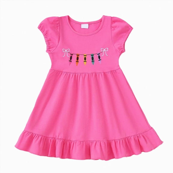 mgoYE Toddler Baby Girl Back to School Dress 18-24 Months Bow Embroidery PuffSleeve Dresses Summer Clothes Hot Pink