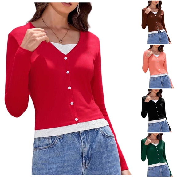 FRSASU V Neck T Shirts for Women Lace Long Sleeve Button up Cute Tops Spring Fall Dressy Business Casual Blouses Trendy Basic Tees Red