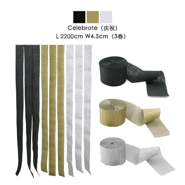 Nvzi Crepe Paper Streamers 3 Rolls , Pack of Golden,Silver,Black Crepe Paper for Birthday Decorations, Baby Shower Decorations (1.8 Inch x 72 Ft/Roll)