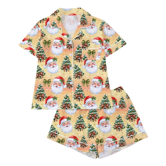 qelini 2 Piece Pajama Set for Women Button Down Sleepwear Short Sleeve Loungewear Christmas Print Homewear