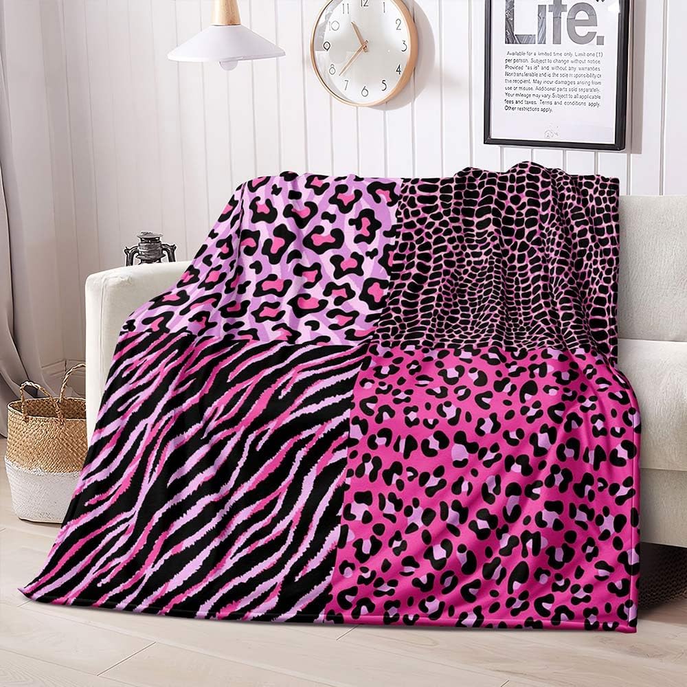 Pink Leopard Throw Blanket, Zebra Print Crocodile Skin Cheetah Print Blanket for Girls, Cozy Warm Soft Lightweight Fluffy Fuzzy Plush Flannel Blanket Fleece Blanket for Couch, Sofa, 50"x60"
