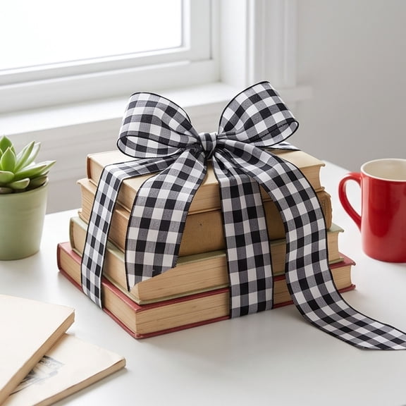 Gingham Ribbon Bow Decor, Polyester Construction, Woven Checkered Bow Tie For Wreath Chair Vase Gift Box Display Decor, Home Holiday Decor