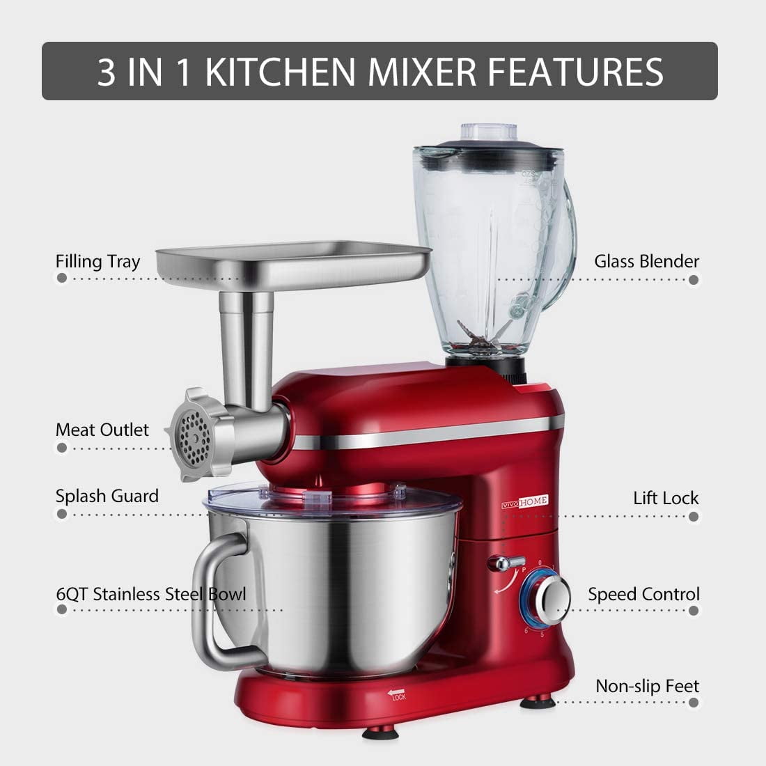 SPECSTAR 3 in 1 Stand Mixer with 6 Quart Stainless Steel Bowl, 650W 6-Speed Tilt-Head Meat Grinder, Red
