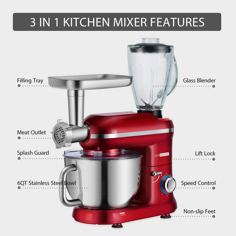 VIVOHOME 6 qt. 6- speed Silver 3 in 1 Multifunctional Stand Mixer
