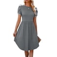 thumbnail image 1 of Vestido midi con cuello redondo de verano para mujer, vestido de manga corta de encaje con dobladillo envolvente informal suelto para fiesta de citas, gris claro S, 1 of 6