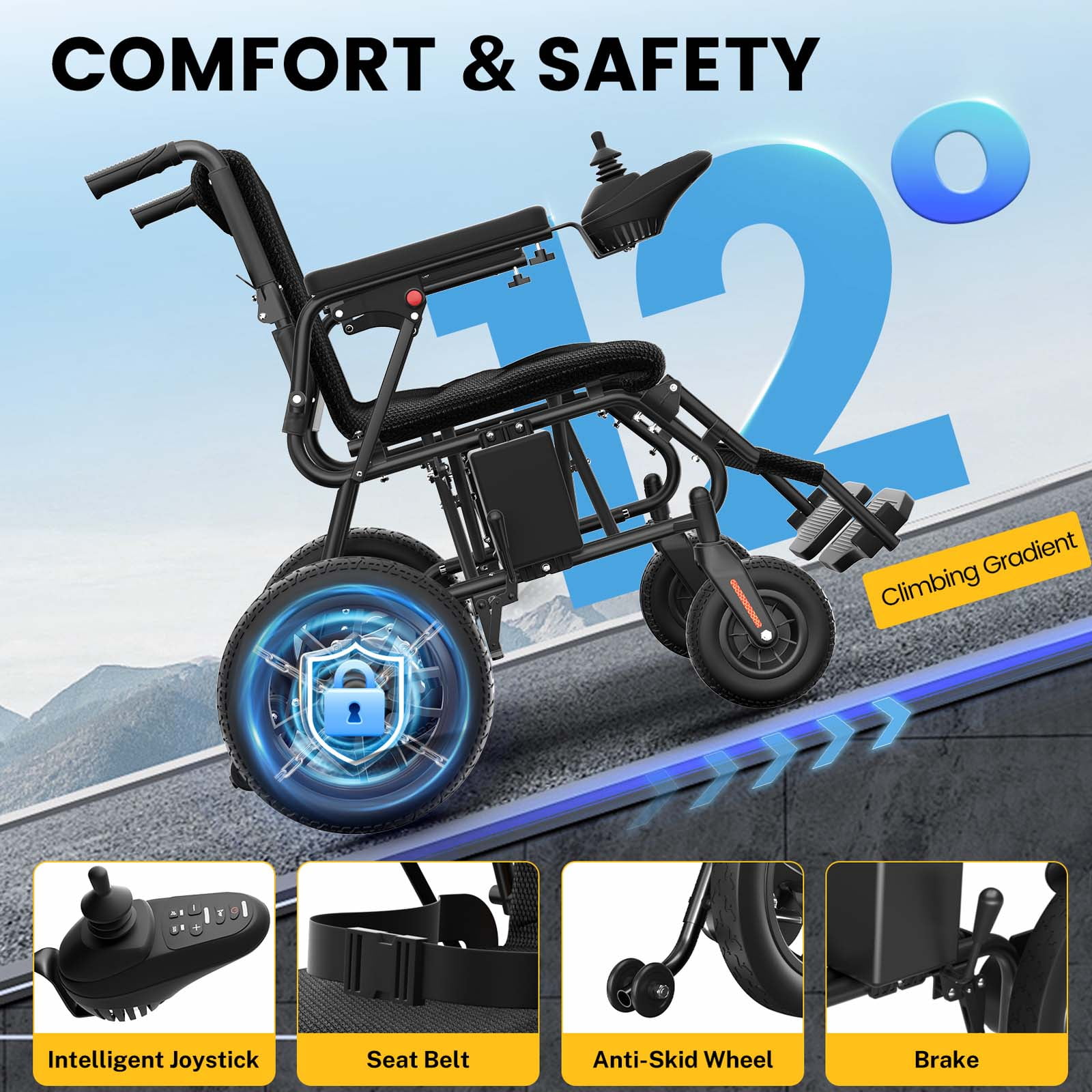 COOLHUT Foldable Electric Wheelchair, 20+ Miles Long Range Motorized Electric Wheelchair, Senior-Friendly Power Chair with 360° Joystick, All Terrain Smart Mobility Scooter, Black