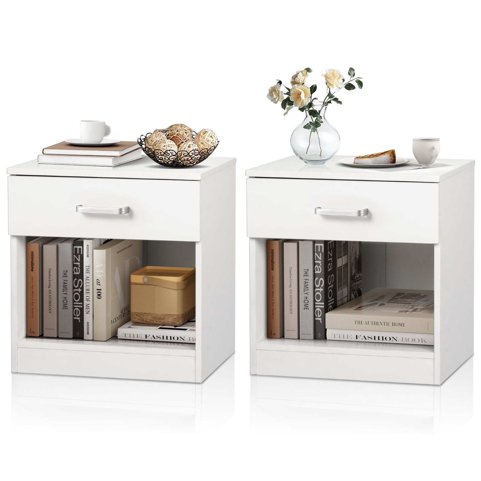 Zimtown White Set Of 2 Wood Elegant Night Stand W/1 Drawer Storage Beside End Table
