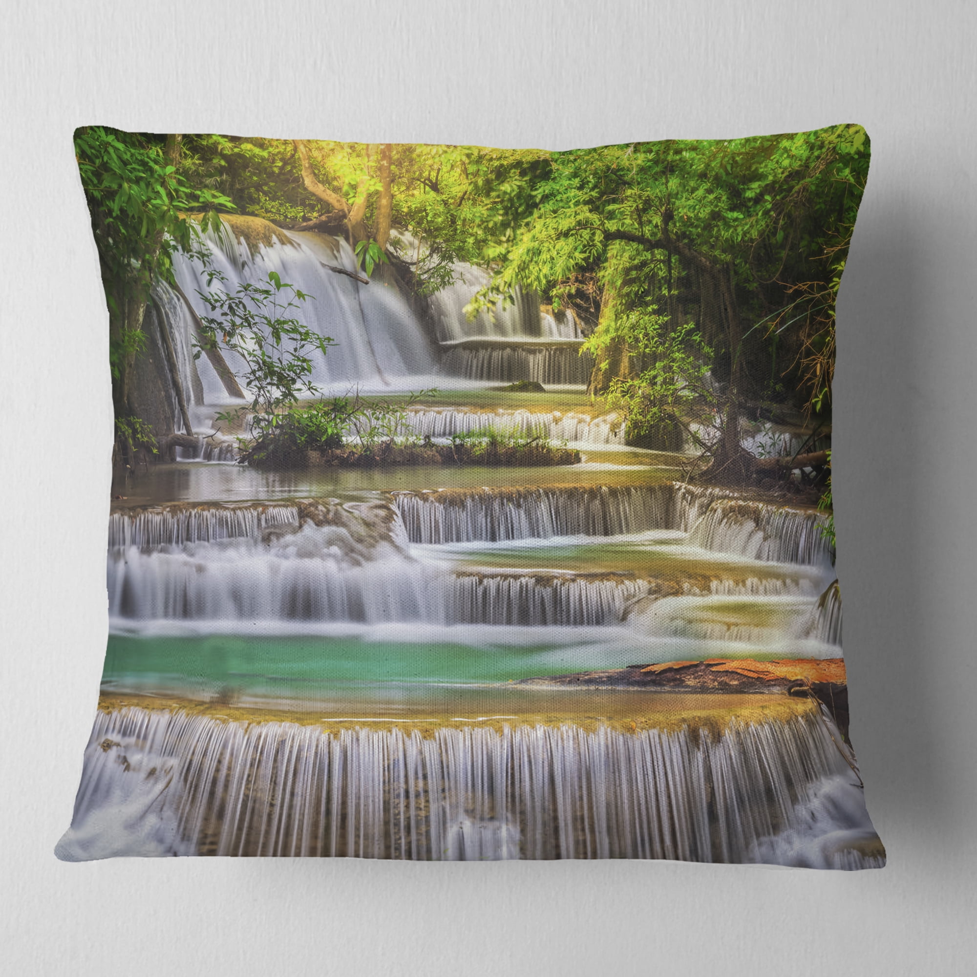 Designart Tranquil Erawan Waterfall - Landscape Printed Throw Pillow - 16x16