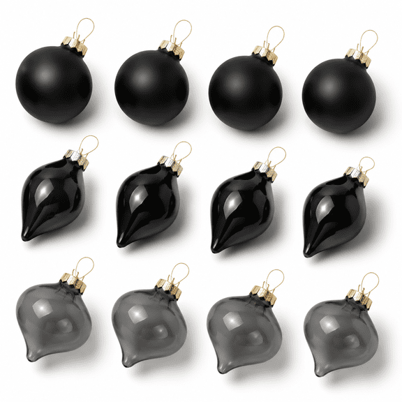 12 Black Glass Christmas Ball Ornament Set, 2.4 to 3.15 Inch Sizes