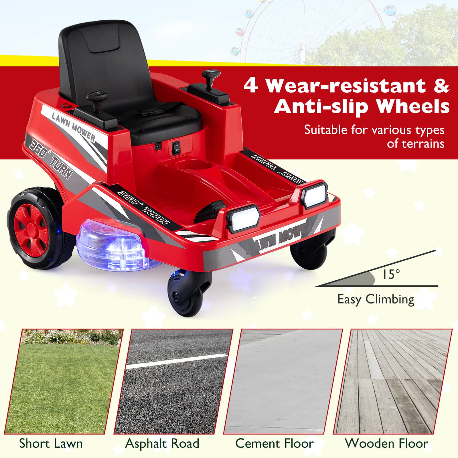 Costway 12V Ride on Lawn Mower with Dual Control Sticks LED Lights Twist Turn for Aged 3-8 Red