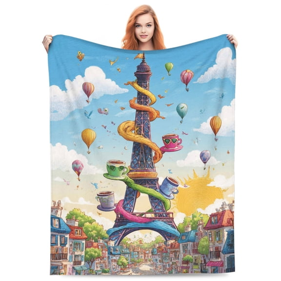 Paris Eiffel Tower Blanket, Whimsical Swirl Coffee Cup Art, Flannel Fleece Throw, Soft Cozy Warm For Couch Sofa Bed, Aesthetic Travel Home Decor For Adults 50x40