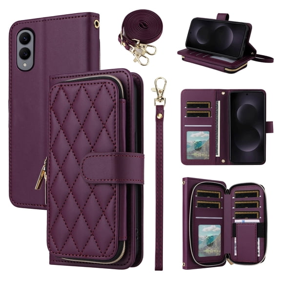 Furiet Argyle Wallet Case for Samsung Galaxy S25 Edge 5G with Wrist Strap Shoulder Strap, Card Slots Zipper Purse Luxury PU Leather Stand Phone Cover for S25Edge 25S S 25 25Edge 6.66 2025 Deep Purple