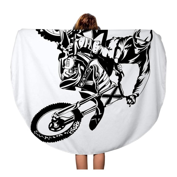 LADDKA 60 inch Round Beach Towel Blanket Motocross FMX Trick Rider on Motorbike Motorcycle Drawing Helmet Travel Circle Circular Towels Mat Tapestry Beach Throw