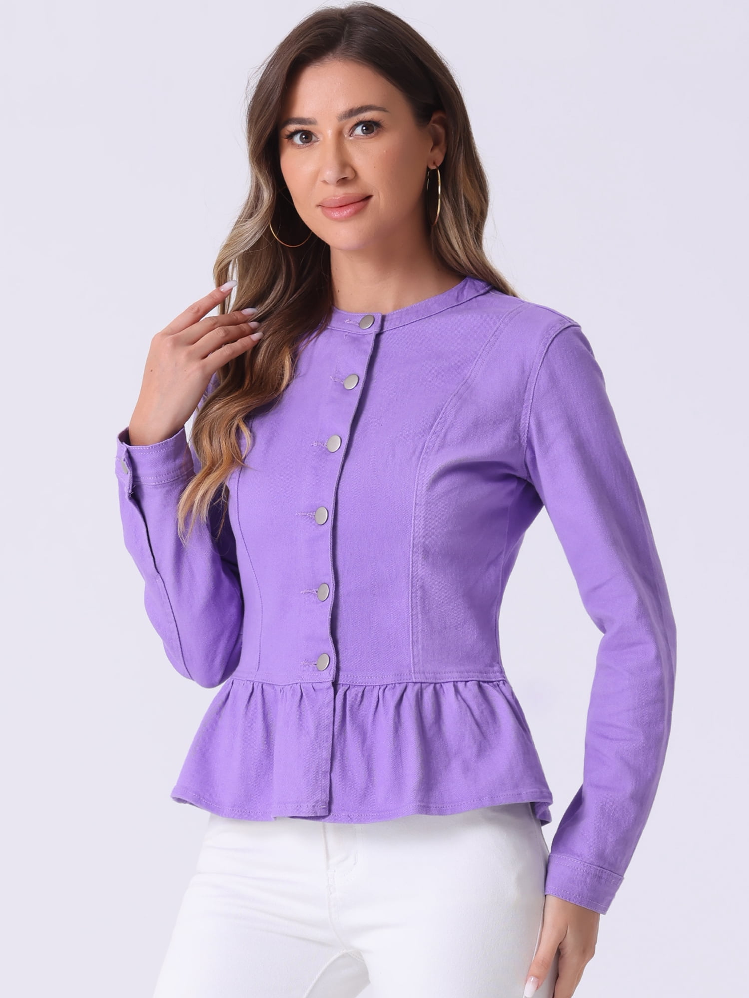 DARING DIVA Women's Button Down Cropped Ruffle Hem Denim Jacket M Purple