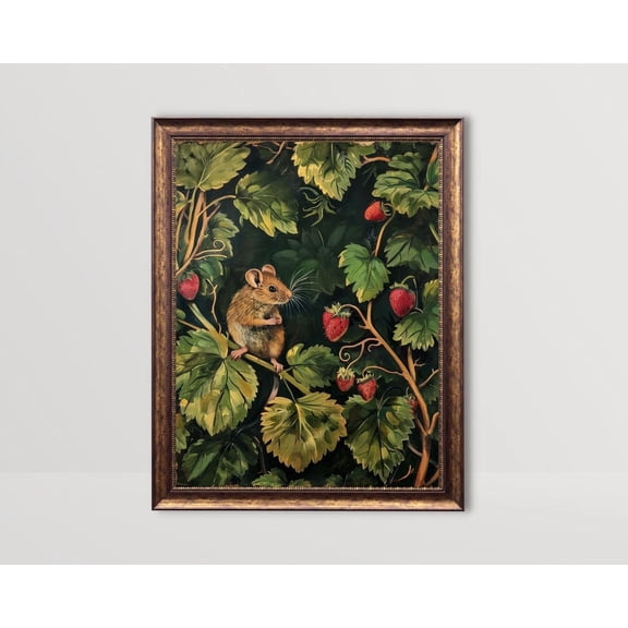Strawberry Mouse, Cottagecore Print, Dark Green Moody Nature Wall Art Botanical Animal Woodland Nursery Decor Berry Plant Mice Art Poster, Unframed Poster Size 8x12