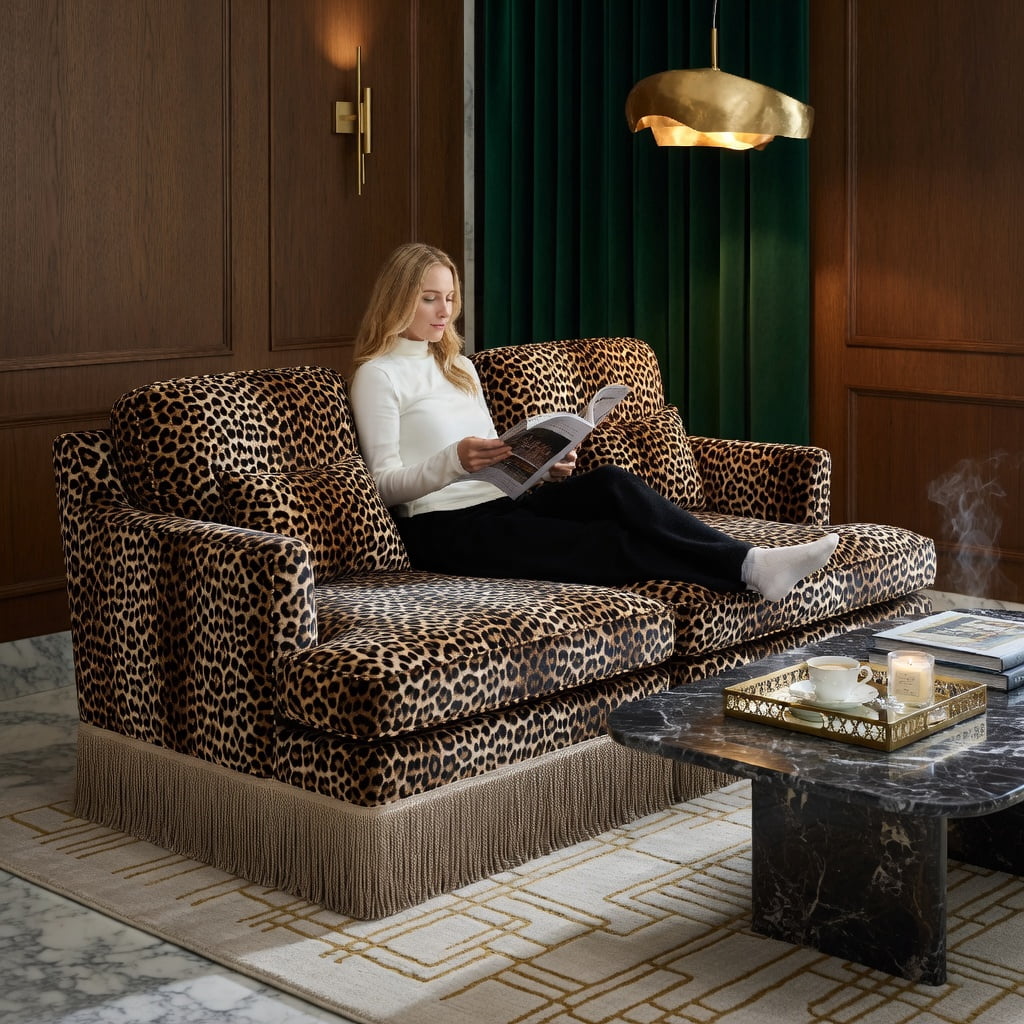 Hommoo 100" Leopard Print Chenille 3-Seater Modular Sectional Sofa, Tassel-Trimmed, Deep Seat, Ergonomic Support, Easy Snap-Together Assembly for Modern Living Rooms, khaki