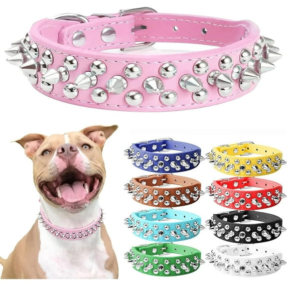 Dog Collars for Medium Dogs with Leash, Eclytyku Spiked Dog Collar for Large Dogs, Girl Pink Dog Collar, Studded Rivet Pit Bull Leather Dog Collar Durable Cat Collar for Small Medium Large Pet Gift