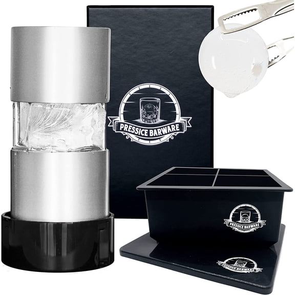 Pressice Barware Ice Ball Press - Perfect Spheres in Less Than a Minute - Includes Anodized Aluminum Ice Press, Drip Tray and Ice Mold - Made in the US (Ice Press, Silver)