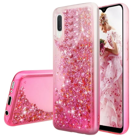 TJS Case Compatible for Samsung Galaxy A50 2019, with [Full Coverage Tempered Glass Screen Protector] Bling Glitter Sparkle Liquid Infused and Stars Moving Quicksand Drop Protector Phone Cover
