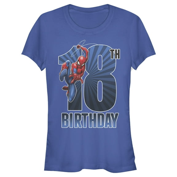 Junior's Marvel Spider-Man Swinging 18th Birthday Graphic Tee Royal Blue X Large