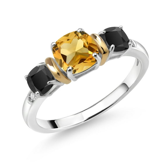 Gem Stone King 1.51 Ct Cushion Yellow Citrine Black Onyx 925 Silver and 10K Yellow Gold Ring (Size 7)
