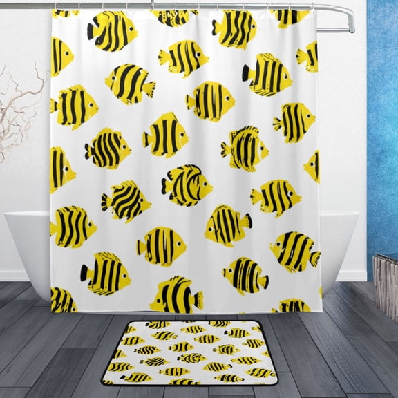 TTYFWHD 60" x 72" Shower Curtain and Bath Mat Set Yellow Black Fish Pattern Waterproof Bathroom Curtain with 12 Hooks, Bathroom Decor Set