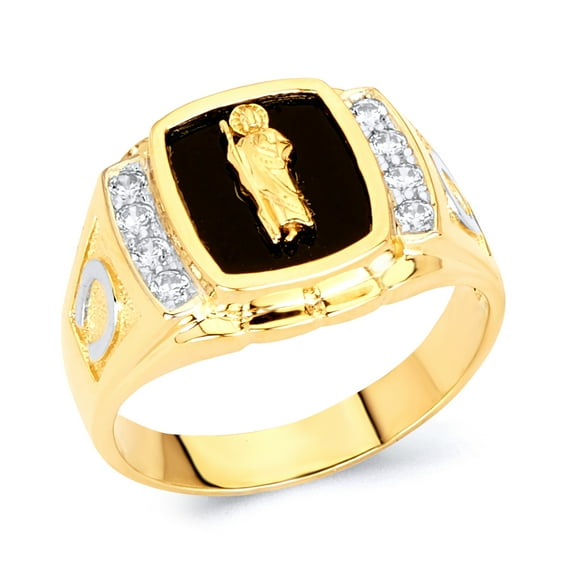 Wellingsale Mens Solid 14k Yellow Gold Polished High Polished CZ Cubic Zirconia Signet Ring - Size 8