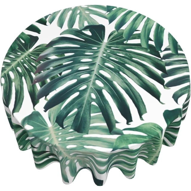 Tropical Monstera Palm Leaf Round Tablecloth Waterproof Fabric Table Cover Washable 60” Table Cloth for Kitchen Dining Room Party Picnic