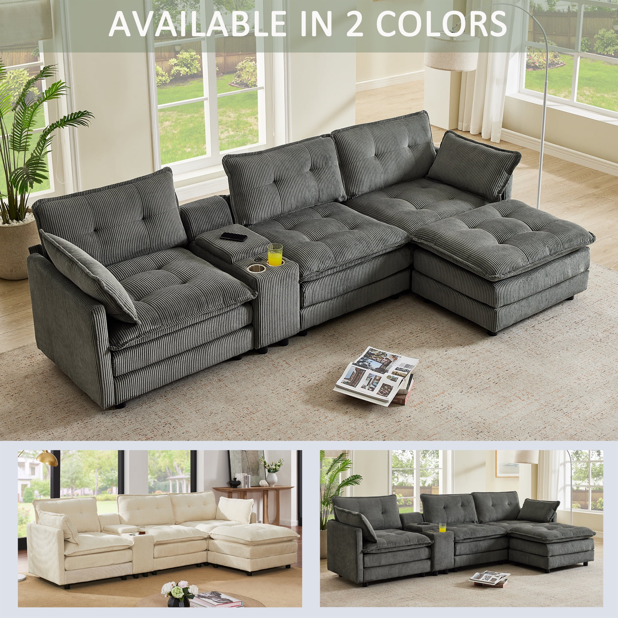 Gewnee 119" L-Shaped Sectional Sofa,Modern Corduroy Modular Sofa Couch with Storage Function,USB &Cup Holders,Movable Ottoman Sectional Couch for Living Room,Gray