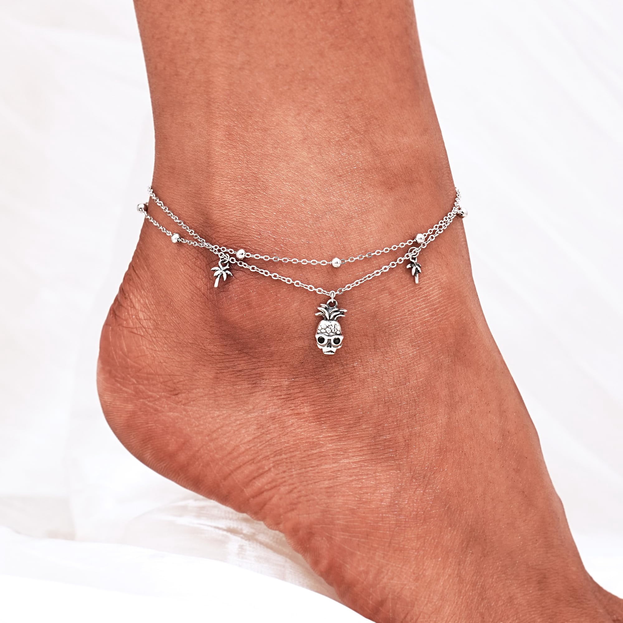 CHIC & ARTSY Ankle Bracelets for Women 925 Sterling Silver Anklets for Women Adjustable Hypoallergenic Layered Foot Chain with Skull Pineapple Anklet