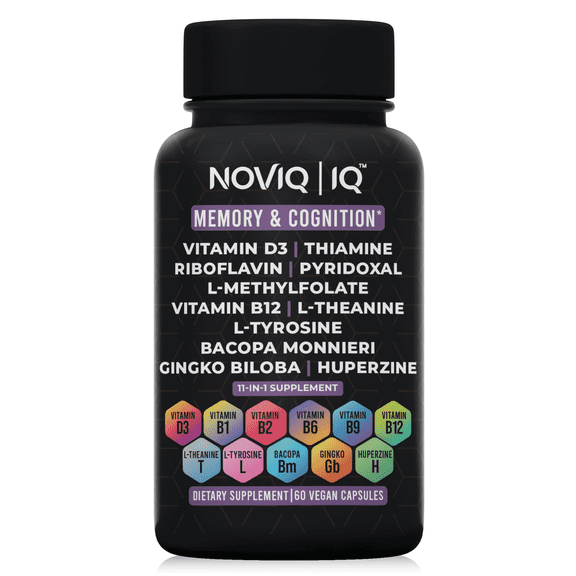 NOVIQ - 11-in-1 Nootropic Supplement: Supports Memory & Cognition - 100mg Ginkgo 150mg Bacopa 300mcg Huperzine 200mg L-Theanine 150mg L-Tyrosine & Bioactive B-Complex w/ 5-MTHF