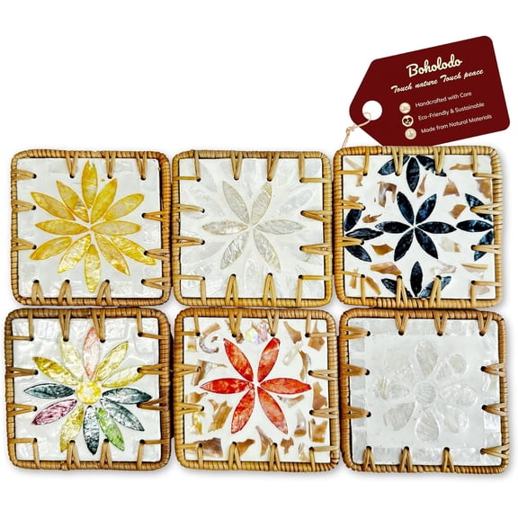 Handmade Rattan Coaster Set of 6, Cute Square Coasters with Mother of Pearl,Colorful Boho Coaster for Decorative, Coffee Table - Bar & Outdoor Drink Coasters, Unique Housewarming - Occasions Gift