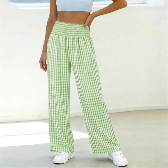 ClodeEU Women's High Waisted Elastic Waist Plaid Pants with Pockets,Casual Loose Long Trousers Green,Womens Plus M