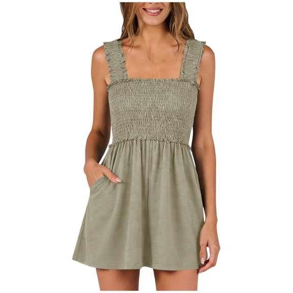 Womens Rompers for Summer Casual Smocked Jumpers Overalls Sleeveless Square Neck Jumpsuits with Pockets