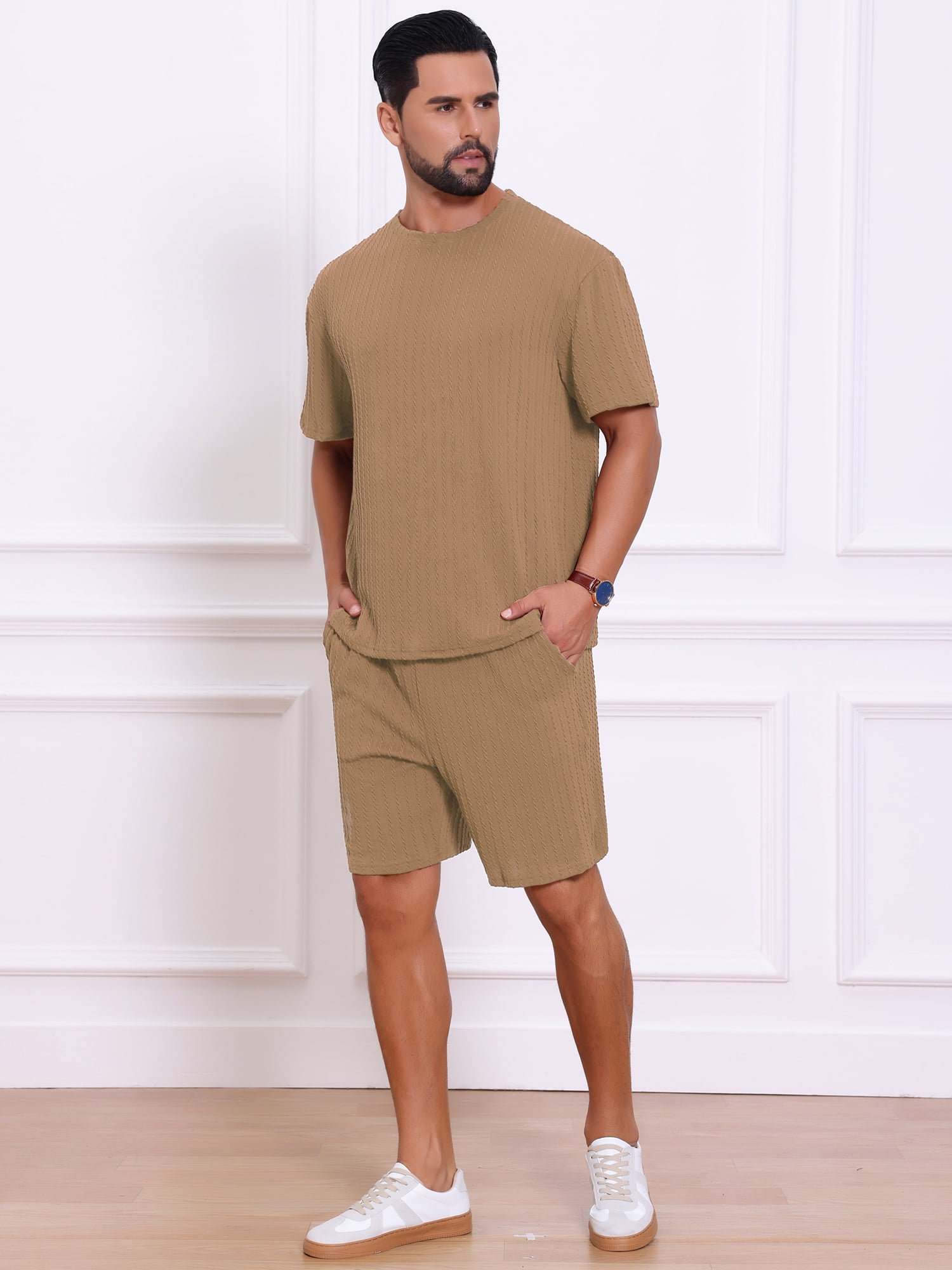 DARING DIVA Men's 2 Pieces Texture Crew Neck Shirt Top and Shorts Outfits 2XL Brown