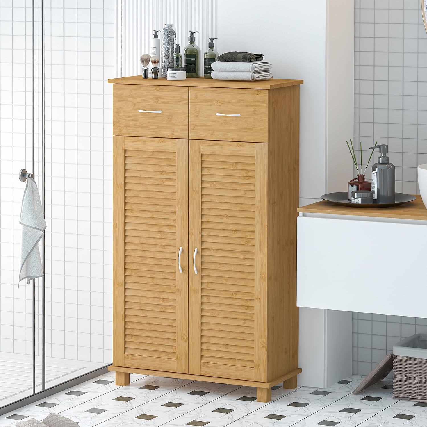 Kadyn Bathroom Tall Free Standing Storage Cabinet, Linen Floor Cabinet with Doors, Entrance Cabinet Organizer with 2 Drawers, Natural