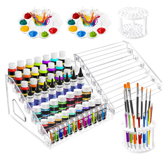 2 Pack Clear Paint Storage Box with Brush Holder and Mixing Palette, 7-Layer Craft Rack, Artist Supplies